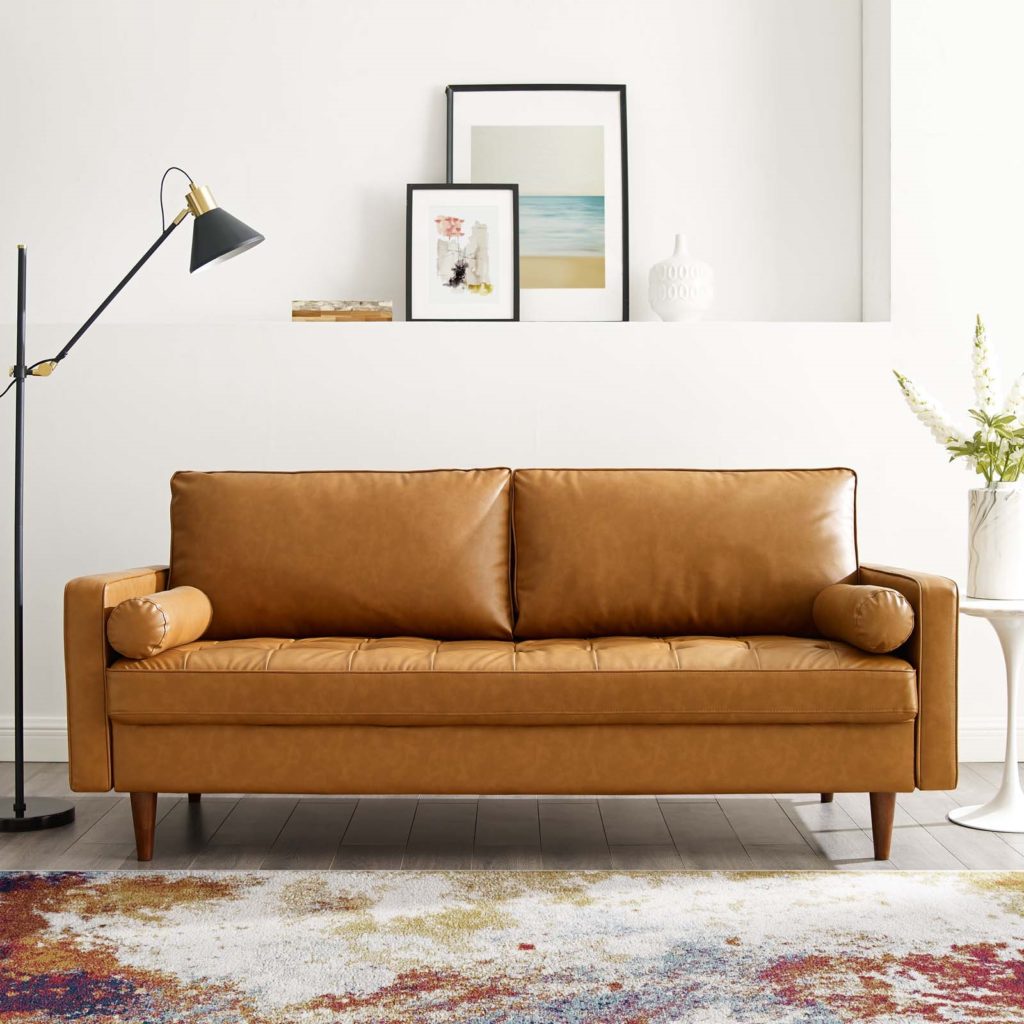 Modern sofa reupholstered in tan leather