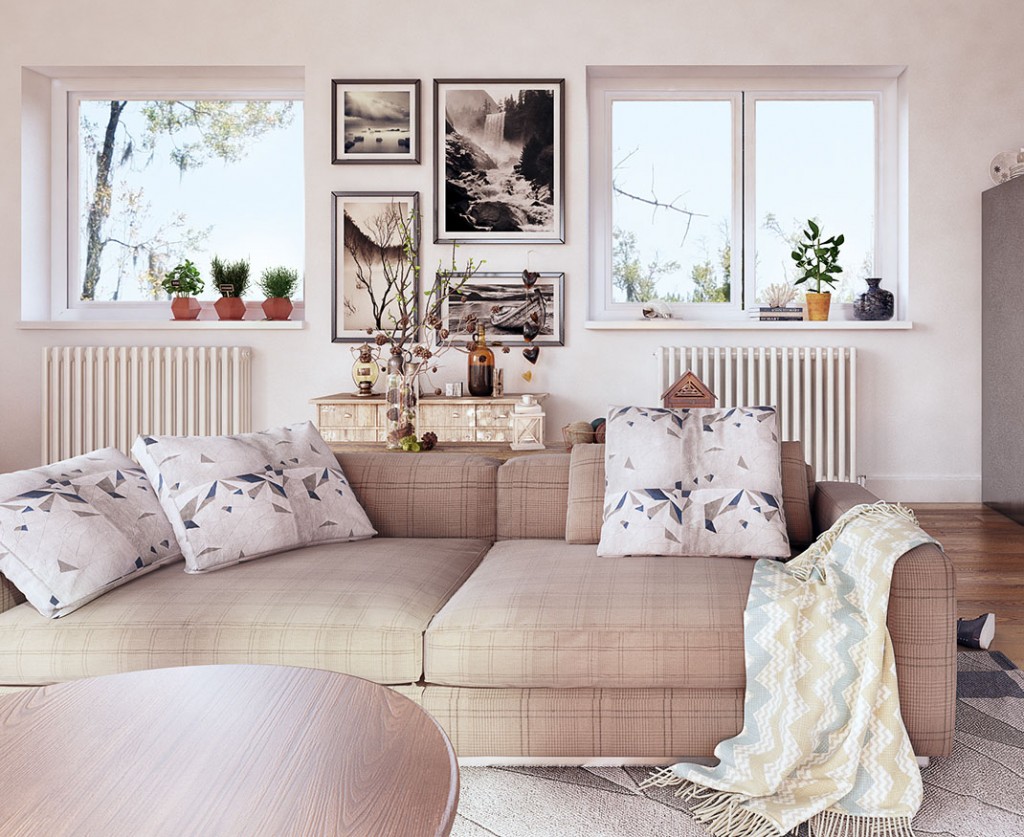 Living-room sectional with custom cushions and throw pillows